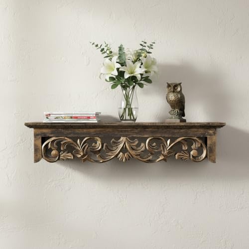 Image of THE URBAN STORE Shelf Wooden Wall Mounted Distressed Gold Color 60 x 15 X 12 CM Pack of One French Country Style Elegantly Floral Hand Crafted for Home and Office Decor TUSSLF06