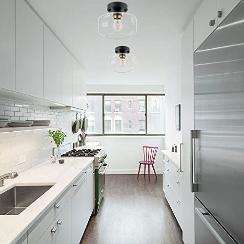 Semi Flush Mount Ceiling Light, Clear Glass Shade, Brass Accent Socket, Modern Ceiling Light Fixture With Black Finish For Kitchen, Hallway, Entryway, Dining Room, Bedroom, Cafe, Bar, Living Room #TOP6