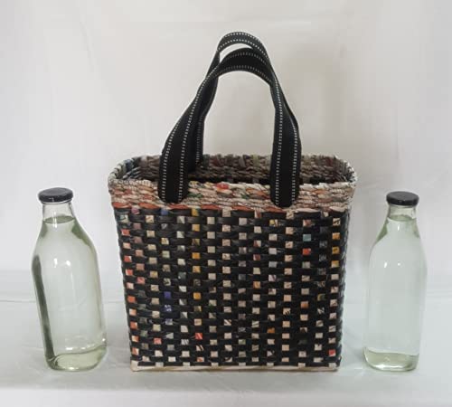 Image of Paperus, Medium, Black Check, Lunch Bag, Tiffin Basket for Office, Handbag, Carry Bag, Travel Bag, Eco-Friendly, Handmade, of Paper Ropes, in Inches 11 Height, 12 Length & 6 Wide Base