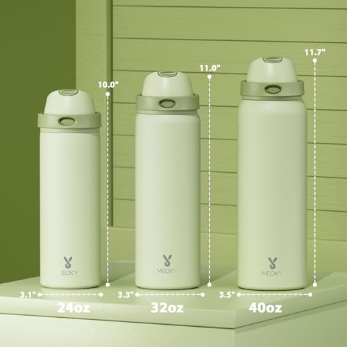 Image of 40 oz Insulated Water Bottle with Straw: Meoky Stainless Steel Metal Water Bottle with 2-in-1 Lid - Leak Proof, Cold for 24 Hours, Protective Silicone Base, BPA-Free for Sports Gym, Sage