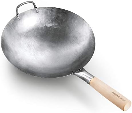 Mammafong Round Bottom 14-inch Traditional Carbon Steel Wok Pan - Authentic Hand Hammered Woks and Stir Fry Pans - Pow Wok with no chemical coating