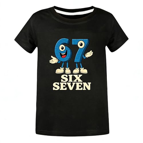 SharkBebe Boys Short Sleeve T-Shirt Meme with Cartoon Number 67 Six Seven Cotton Graphic Sports Top Tee Ages 4-13 Years (UK Age 7 Years 8 Years Regular Black)