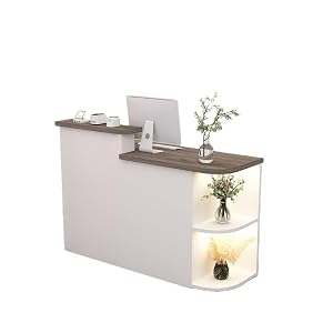 BACKOLU スタイリッシュでモダンなミニマリスト受付デスク/キャッシャーカウンター、140x50x105cm。衣料品店、美容院、ホテルの受付デスクに最適です（丸みを帯びた右側デザイン）。 (140x50x105cm,グレーウォルナ...