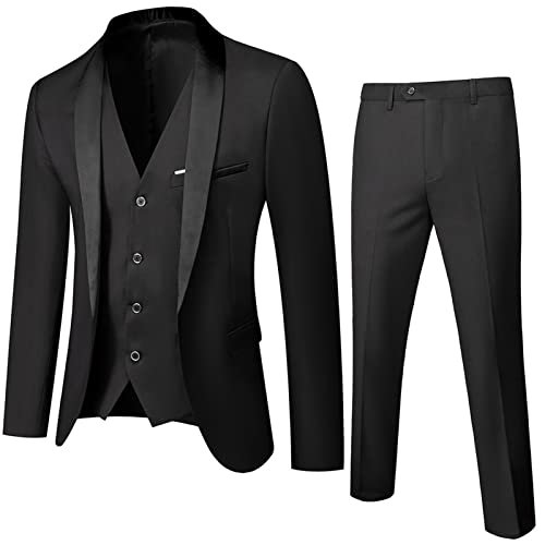 Men Shawl Lapel 3 Piece Tuxedo Suit Slim Fit One Button Jacket Vest & Pant Set Business Wedding Dinner Blazer Set (Black,Large)