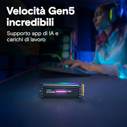 T710 SSD 4TB PCIe 5.0 x4 Gen5 NVMe M.2 con Dissipatore, Velocità fino a 14500 MB/s Lettura, 13800 MB/s in Scrittura, PC Desktop e PS5, TLC NAND, Hard Disk Interno - CT4000T710SSD5-01 - Hdd - Immagine 2