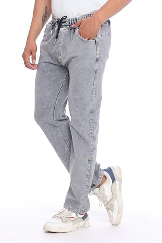 Image of Men's Denim Joggers, Regular Fit, Mid Rise, Stretchable Cotton Blend, Drawstring Waist, Soft Fabric, Multiple Pockets, Tapered Leg Casual Pants