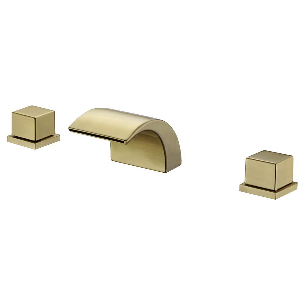 Hcfyauis Gold Brushed Waterfall Bathroom Sink With Hot And Cold Water Brass Deck Mounted Bathroom Widespread Tap 3 Hole Square Double Handle Basin For Villa, Hotel