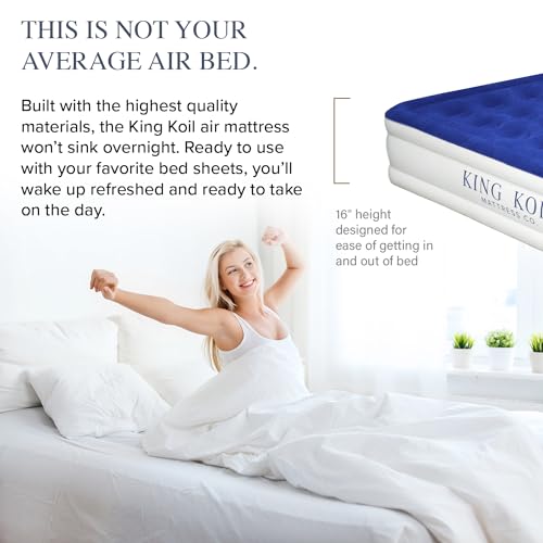 King Koil Luxury Cal King Air Mattress with Built-in Pump for Home, Camping & Guests - King Size Inflatable Airbed Luxury Double High Adjustable Blow Up Mattress, Durable Waterproof & Premium