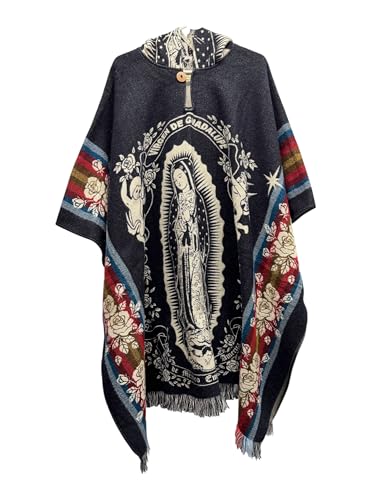 Our Lady of Guadalupe Virgin Mary Navy Blue Alpaca Wool Poncho Cape Shawl Blanket Virgen de Guadalupe Poncho Zarape Gaban Azul Unisex Indigenous Handmade Christian Catholic Gift