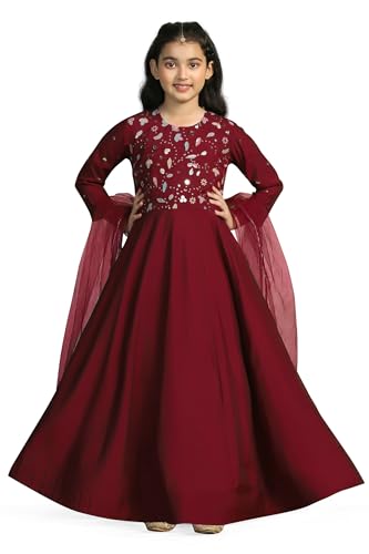 Image of Fashion Dream Girls Chanderi Embroidered Maxi Dress with Dupatta|Ethnic Gown for Kids