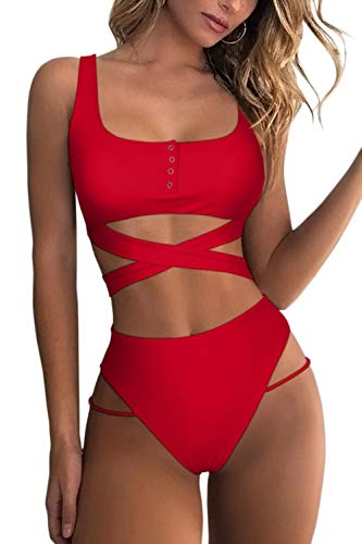 Mulisky Womens Sexy Scoop Neck Straps Snap Front 2 Piece Bikini Swimsuits Sports Style Bathing Suits Red L