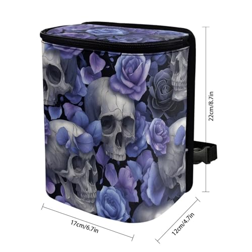 Image of Talayituse Skull Rose Print Car Trash Can Portable Auto Garbage Bin Multifunctional Vehicle Interior Accessories with Adjustable Straps Universal Fit Truck SUV Sedan