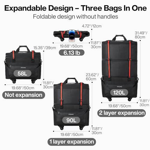 mixi Travel Bag with Wheels Expandable Foldable Luggage Bags Collapsible Rolling Travel Duffel Bag Large Capacity Suitcase for Men Women, Black image 8