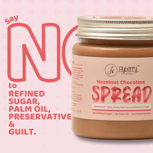 Image of Flyberry Gourmet Hazelnut Chocolate Spread | 34% Hazelnut & 23% Almond | No Palm Oil & Refined Sugar | 100% Natural Ingredients | No Added Preservatives | Easy To Spread on Bread, Paratha | 250 g