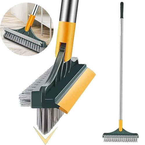 Image of 3 in 1 Scrub Bathroom Cleaning Brush with Wiper Tiles Floor Scrub with Long Handle 180 Rotate Floor Home Kitchen