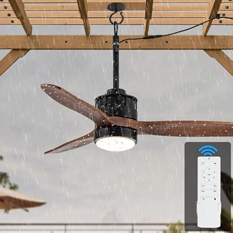 EKIZNSN 32“ Wet Rated Ceiling Fans with Lights Outdoor Hanging for Gazebo Waterproof, DC Motor w 3 Reversible Walnut Wood Blades, Walnut Cover