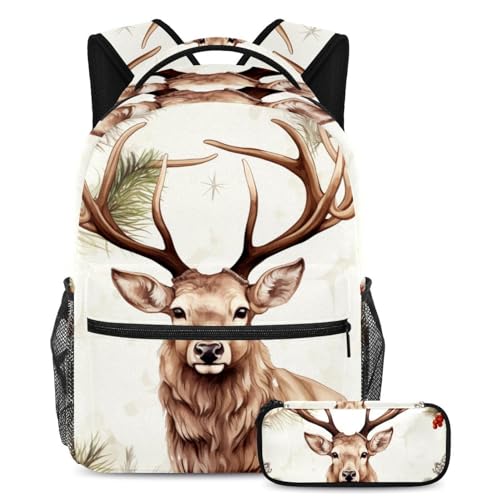 Zaino natalizio con alce e astuccio set di 2 zaini per la scuola per ragazzi ragazze adolescenti borsa per libri da viaggio per studenti Multicolore03 B:29.4x20x40cm P:19x7.5x3.8cm Zaini