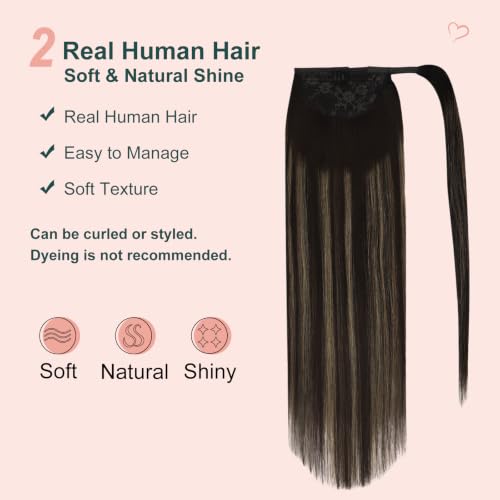 Image of Easyouth Pony Tail Extensions, Balayage Dark Brown, 16 Inch 80G, Real Hair Ponytail Extension, Lightweight Invisible Wear, Pony Tail Extension for Add Volume