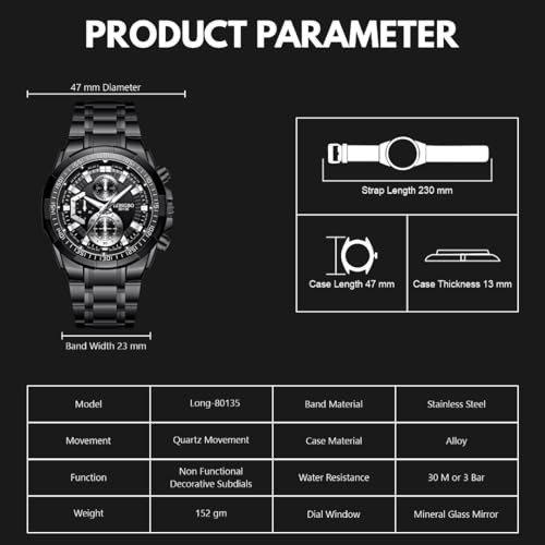 Image of LONGBO Black Business Casual Stainless Steel Decorative Subdials Big Blue Dial Scratch Resistant Waterproof Analog Watch for Men and Boys