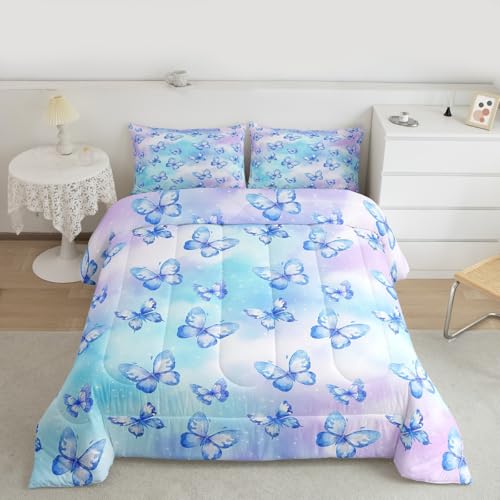 Image of Erosebridal Pink Blue Butterfly Bedding Twin,Watercolor 3D Printed Comforter Set Purple Colorful Rainbow Bed Sets Fantasy Dreamy Princess Duvet Insert 2 Pieces