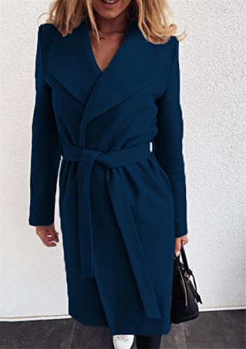 YMING Womens Winter Wide Lapel Trench Coat Wool Blend Belted Jackets Solid Color Wrap Long Coats3