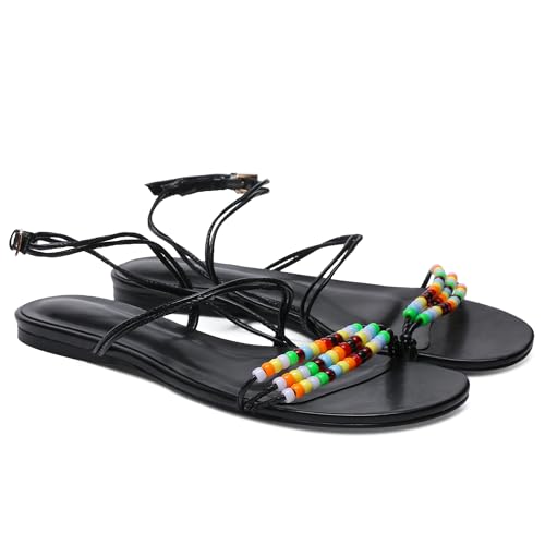 Beaded Flat Sandals for Women Ankle Strap Open Toe Slide Sandals Lace up Casual Summer Dressy Beach Sandals