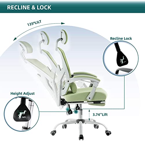 Image of DUMOS Office Desk Computer Chair with Footrest, Ergonomic Mesh Swivel Gaming Chair with Rolling Wheels, Comfortable Headrest, Lumbar Support, Comfy for Home, Office, Task, Student, Elegant Green