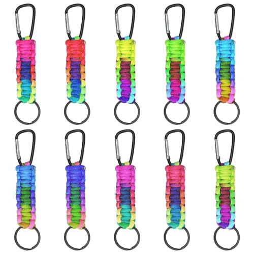 HENGBIRD Schlüsselband Karabiner 10 Stück Set - Paracord Schlüsselanhänger Bunt Geflochten mit D-Ring & Clip - Outdoor Lanyard für Rucksack Camping Kindergeburtstag