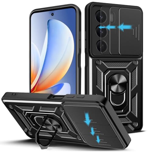 KUSINHOKA Cover per Realme C61/C63 4G con Staffa + [2 Pezzi] Pellicola Vetro Temperato, [Protezione Fotocamera Slide] Anti-Graffio Custodia in Silicone e PC, Bumper Case Protettiva Cover, Blu