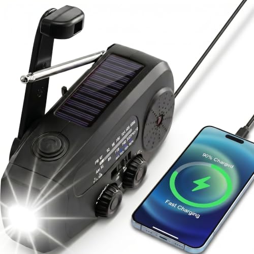 Radio solaire d'urgence à manivelle avec batterie externe et lampe de poche SOS - Fuhuihe - Noire - Petite pour camping, camping-car, jardin - Panne de courant