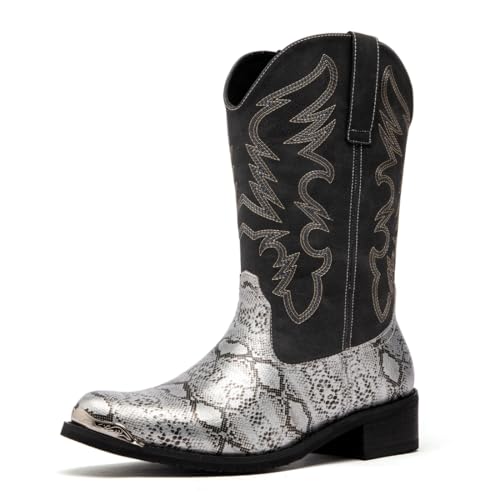 Mens Monty Print Pointed Toe Pull On Casual jackboots Mid Calf，Western Cowboy Boots, Snake Print Design, Embroidered Shaft