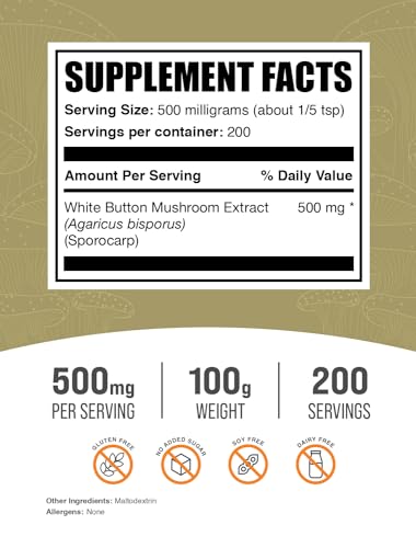 Bulksupplements White Button Mushroom Extract Powder - Mushroom Supplement, Agaricus Mushroom Powder - Gluten Free thumb #1