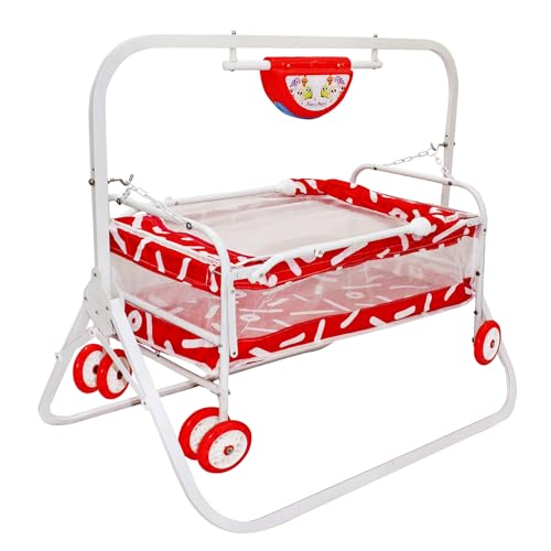 Image of BABYBLESSING Baby Cradle with Swing and Mosquito Net | with 4 Wheels | Foldable & Movable | Sturdy and Safe | Durable | Jhulla | Palna | Easy to use | Red