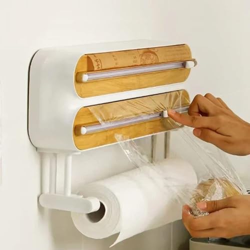 Distributeur de film étirable 3 en 1 avec cutter, support mural de cuisine pour emballage plastique, feuille d'étain, papier ciré