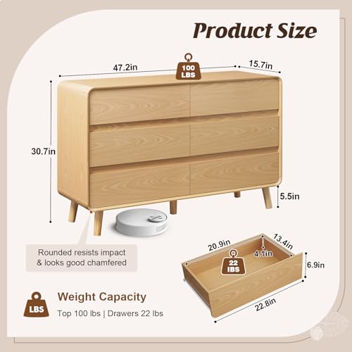 Image of Nasonet 6 Drawer Dresser for Bedroom, 47'' Wide Mid Century Modern Dressers & Chests of Drawers, Wood Storage Drawer Dressers for Hallway, Home Office, Oak