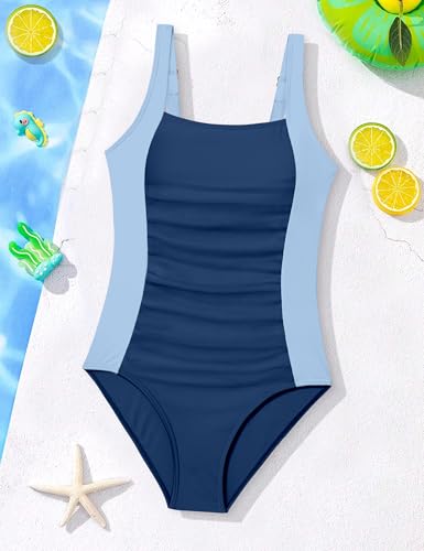 Image of Girl Swimsuit One Piece Bathing Suit for Girls Solid Color Ruched Adjustable Straps Padded Swimwear 9-18y
