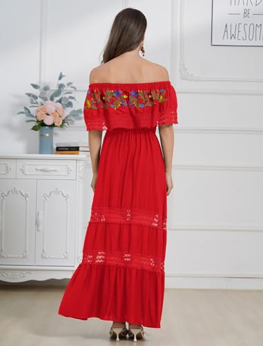 Image of ABEHIK Mexican Dress for Women Traditional Off Shoulder Embroidered Present Casual Lace Long Maxi Dress Cinco de Mayo Outfit