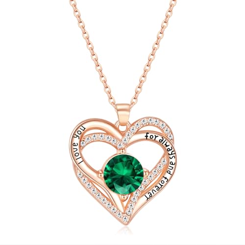 Kruckel May Birthstone Crystal Necklace for Women, Infinity Love Double Heart Pendant paved with Crystals and engraved with I love you for always and forever, Birthday Jewelry Gift for Her Mom Wife