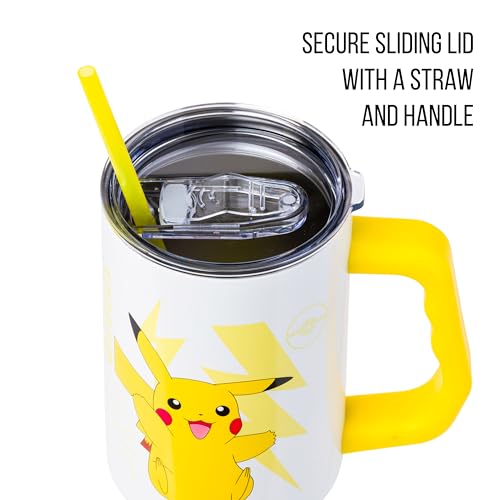 Image of Silver Buffalo Pokemon Double Walled Stainless Steel Tumbler with Handle Featuring Pikachu, Fits in Standard Cup Holder, 40 Ounces
