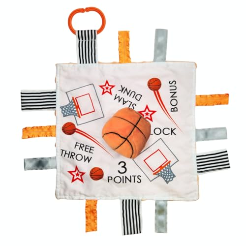 Image of Baby Jack & Co 10x10” Basketball Sports Lovey Sensory Plush Blanket - Tag Toy for Developing Sense of Touch - Travel Stroller Toy w/BPA Free Clip - Learn Shapes, Letters & Colors - Sports Gift