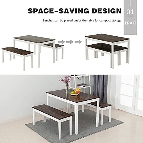 Alohappy 3 Piece Pinewood Dining Set For 4，45" Dining Room Table Set With 2 Benches For Home Kitchen Dining Room Furniture,Bench Style & Space-Saving (Grey) #TOP4
