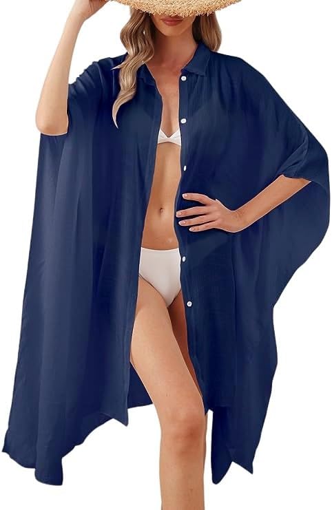 Image of Batwing Sleeve Beach Cover Up Button Front Kimono Bathing Suit Cover Ups