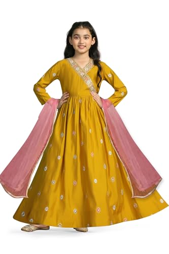 Image of Fashion Dream Girls Chanderi Embroidered Maxi Dress with Dupatta|Ethnic Gown for Kids