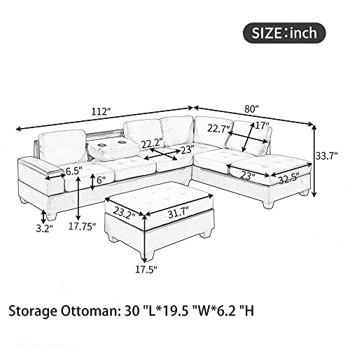DHHU 3 Piece Living Room Furniture Sets, L-Shaped Sectional Sofa with Storage Ottoman and Two Cup Holders, Suitable for Home Office, Studio, Easy to Assemble, 112"(L) x80(W) x33.7(H), Black - Thumbnail 2
