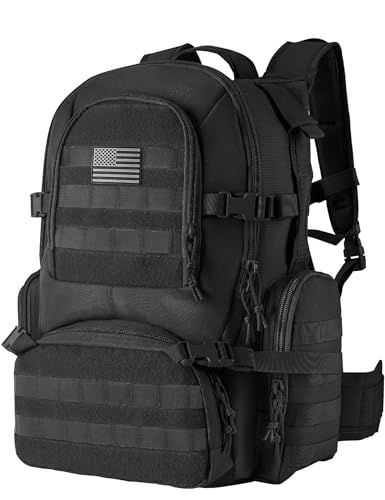 Hannibal Tactical MOLLE Assault Backpack, 50L Tactical Backpack Military Army Camping Rucksack, 3-Day Advanced Hiking Backpack, Field Operator Pack, Black with Grey Patch
