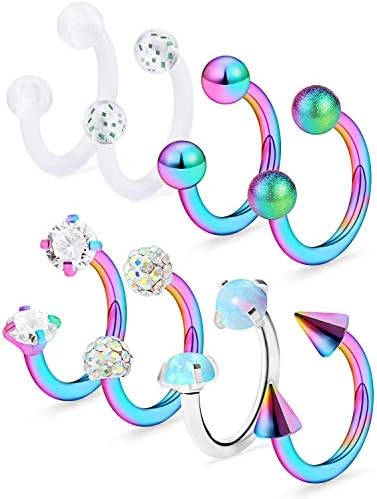 Dyknasz Horseshoe Circular Barbell Clear CZ Opal Stone Nose Septum Rings Hoop Retainer for Women Men Helix Cartilage Tragus Earring 316L Surgical Steel 16G 3/8"(10mm) Silver-Tone Rainbow