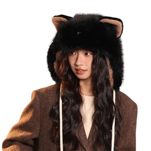 Animal Ear Plush Hat for Adult with Ear Flap Warm Furry Ushanka Fashion Outdoor Activity Windproof Trapper Skiing Black