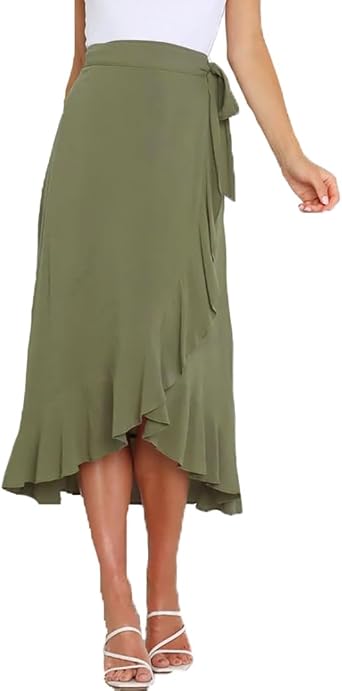 Womens Wrap Skirt Tie Waist Asymmetrical Ruffle Hem Boho Summer Midi Skirt