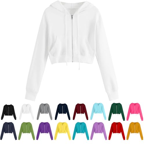 Hoodies for Women White Cropped Zip Up Hoodie Trendy Teen Girls Crop Top Jackets Casual Cute Cropped Hooded Jacket