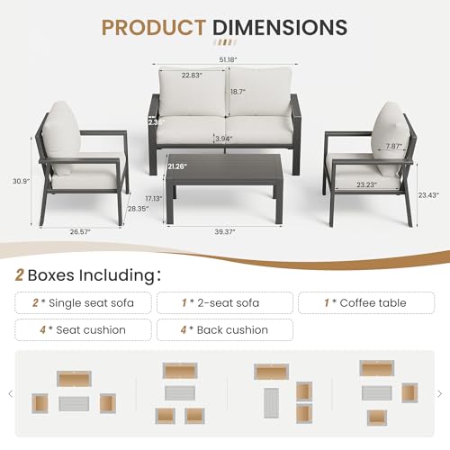 Image of 4-Piece Aluminum Outdoor Patio Furniture Sets All-Weather Patio Conversation Set Sectional Sofa with Coffee Table & Cushions with Removable Covers for for Deck Backyard Garden Poolside Balcony Porch